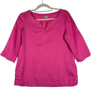 J. Jill Pink 100% Linen 3/4 Sleeves Top Split neckline Side Slits Size XS Blouse